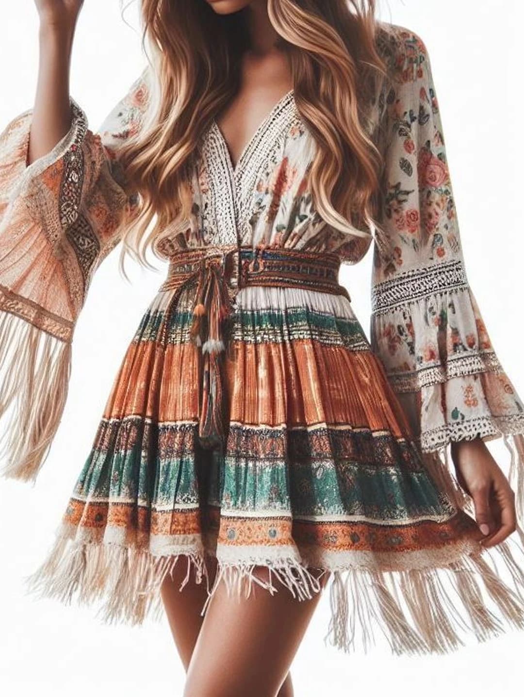 Women's Boho Floral Mini Dress with Lace Trim & Tassel Hem