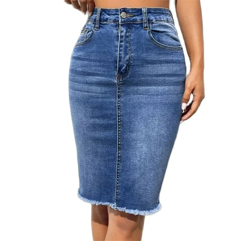 Women's High-Waisted Denim Wrap Skirt with Frayed Tassel Hem