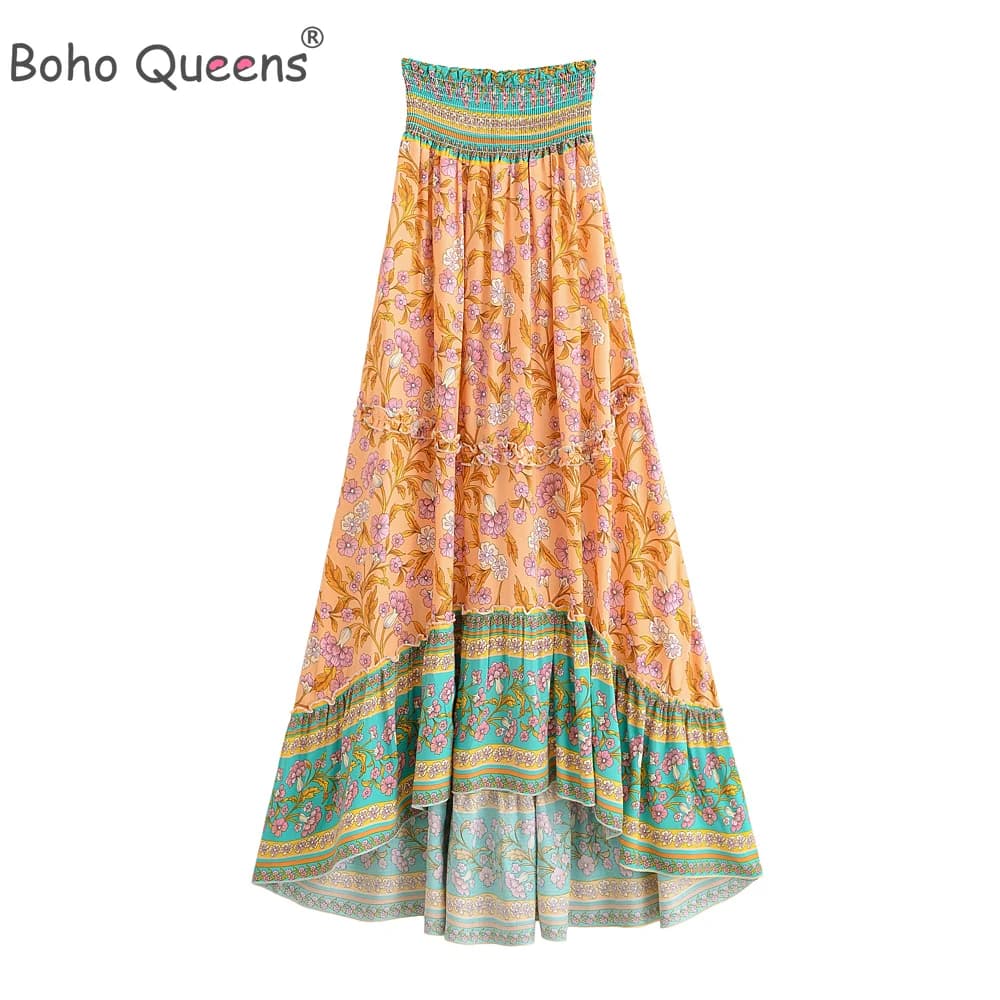 Bohemian Floral Peacock Print Maxi Skirt | Elastic Waist Cotton A-Line