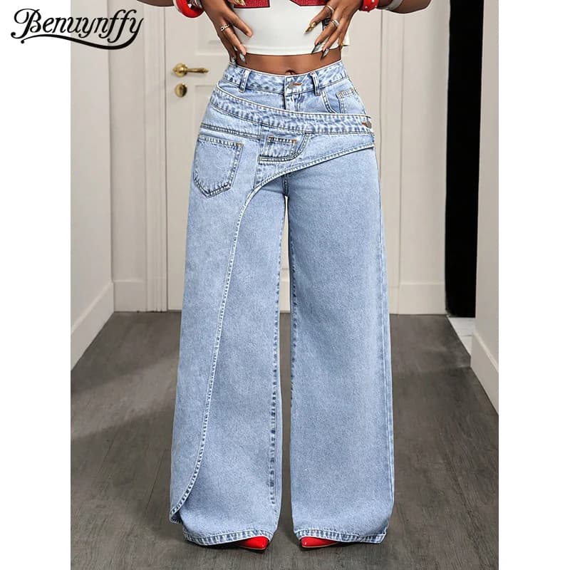 2-in-1 Mid-Rise Wide Leg Jeans - Loose Vintage Denim Pants