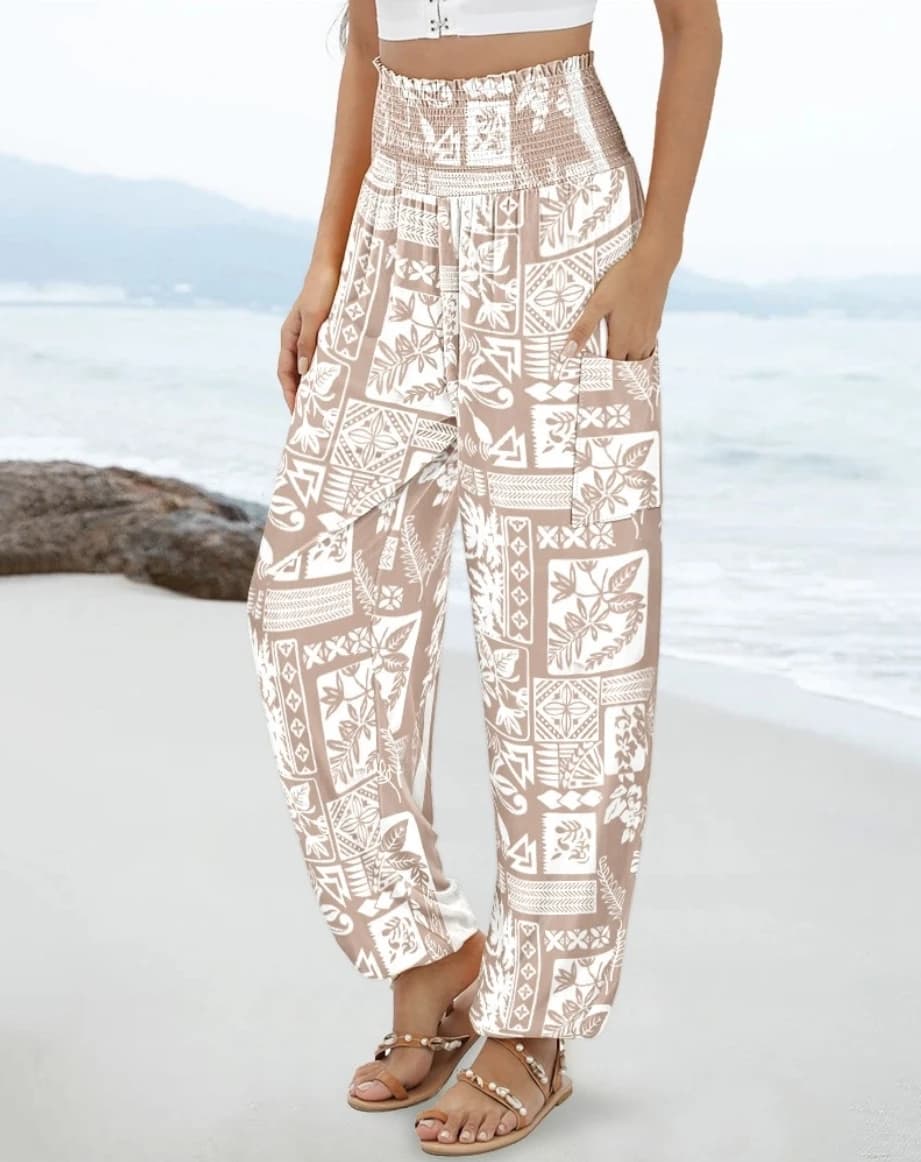 Women's Floral Boho Harem Pants with Smocked Waist & Side Pockets