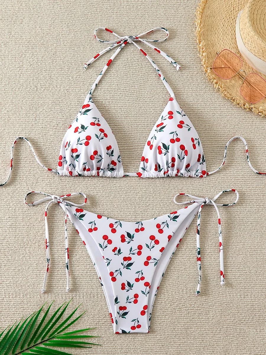 Cherry Print Halter Bikini Set with Tie-Side Bottoms