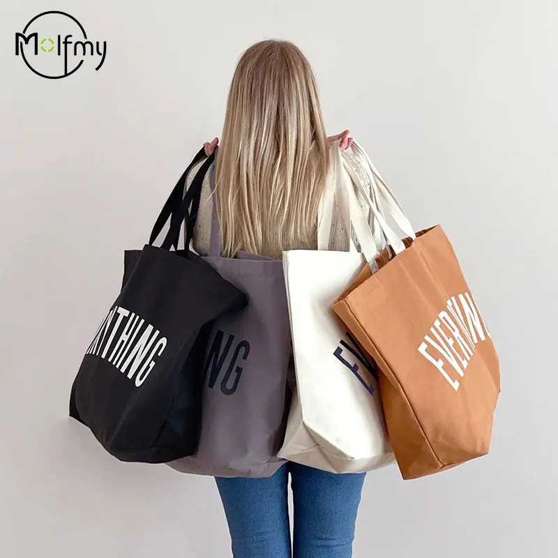 Large Canvas Beach Tote Bag with Letter Print — Reusable Shopper
