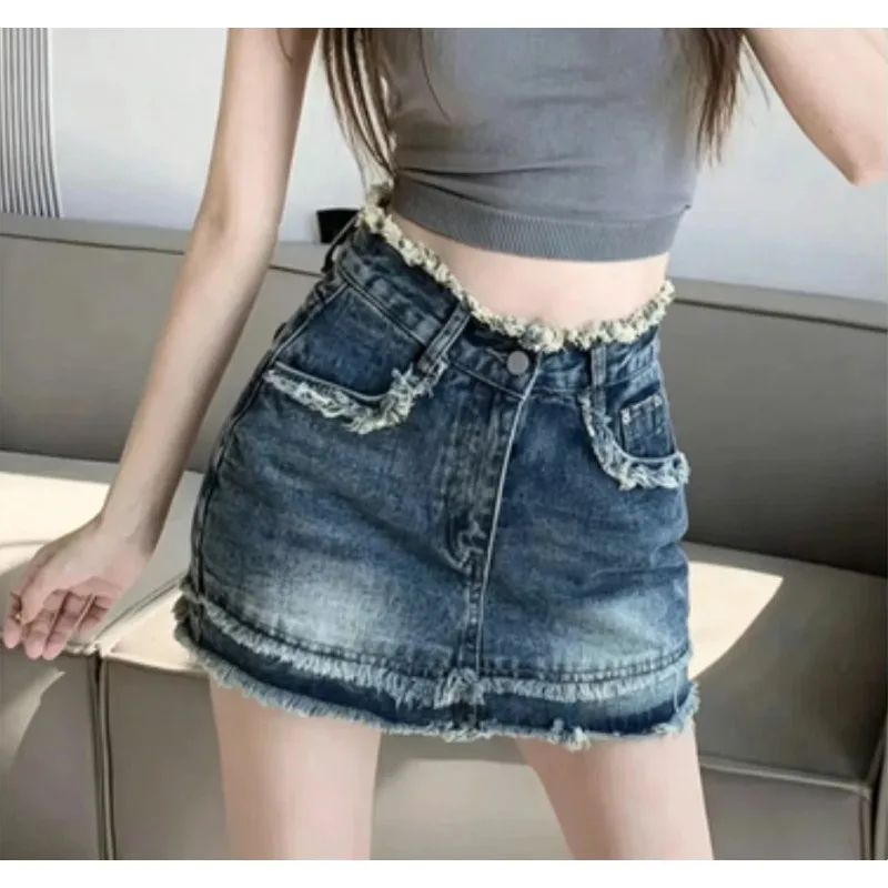 High-Waist Frayed Hem Denim Mini Skirt