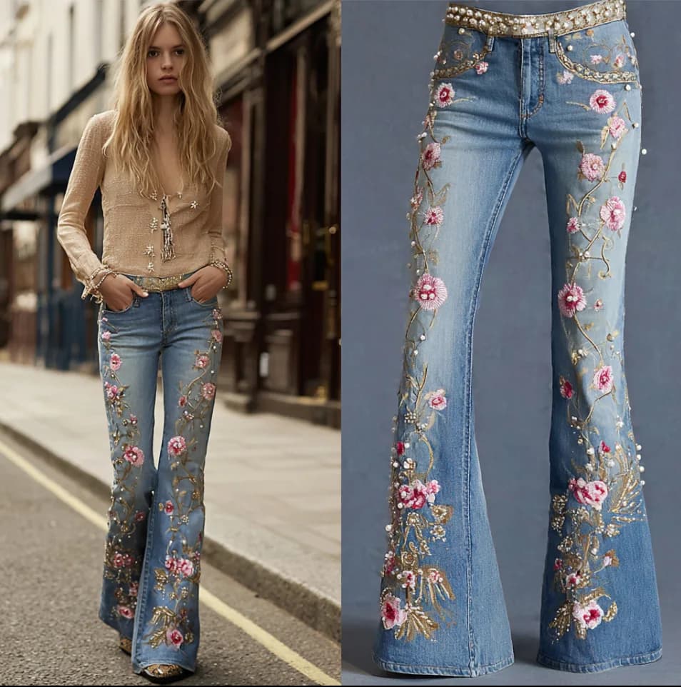 Women's 3D Print Denim Bell Bottom Jeans - Slim Fit Flared Pants